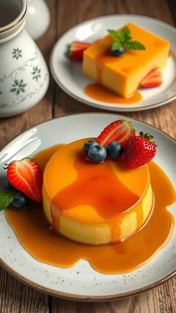 A serving of leche flan topped with caramel sauce and fresh berries on a white plate.