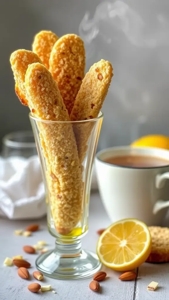 A glass filled with lemon almond biscotti next to a cup of tea and a lemon slice.