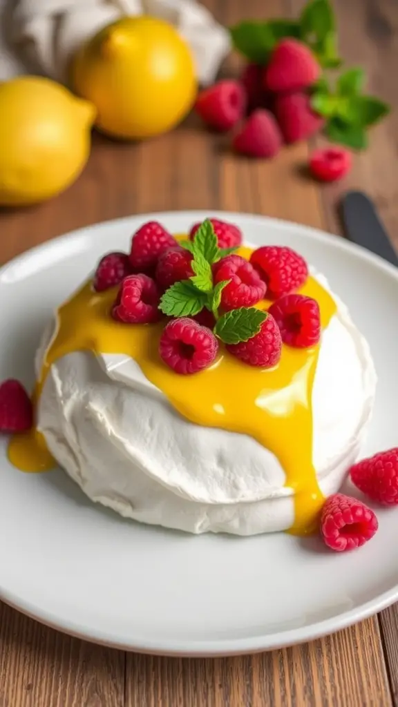 A beautifully plated Lemon and Raspberry Pavlova topped with fresh raspberries and lemon sauce.