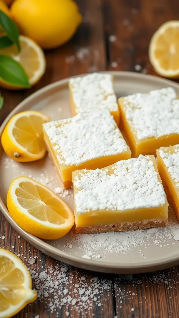 Lemon bars with powdered sugar dusting on a plate surrounded by sliced lemons.
