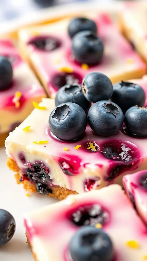 Close-up of lemon blueberry cheesecake bars topped with fresh blueberries.