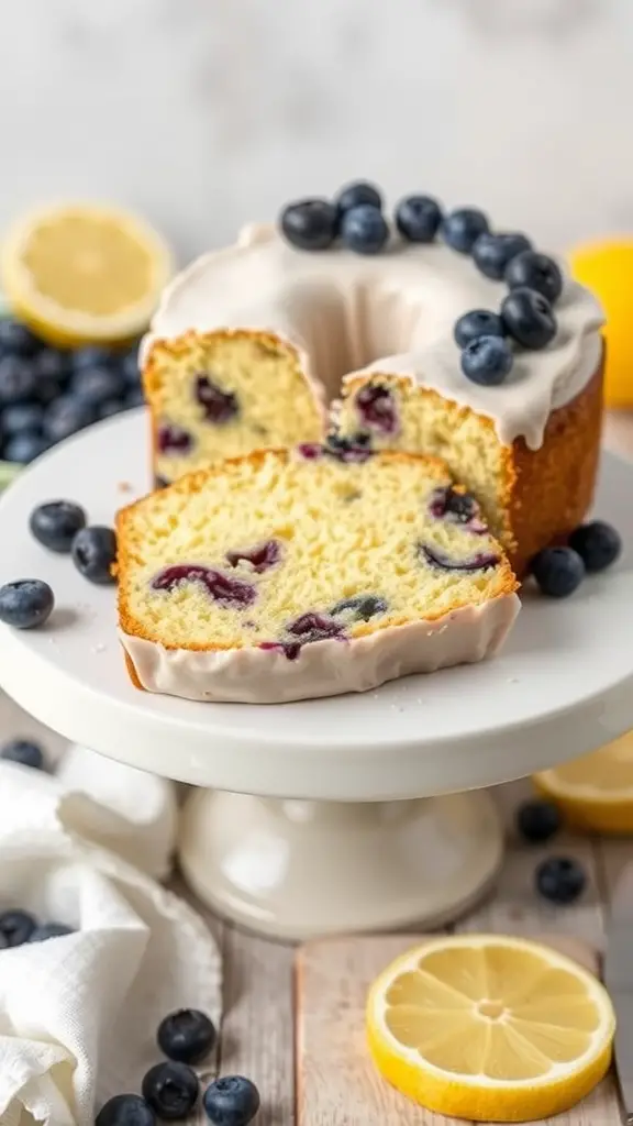 A delicious looking lemon blueberry Greek yogurt cake, sliced to show the soft interior, garnished with fresh blueberries.