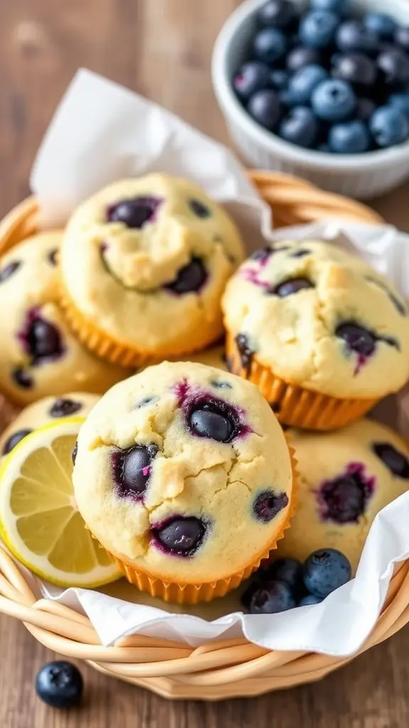 A basket of lemon blueberry keto muffins with fresh blueberries and lemon slices on a wooden table.