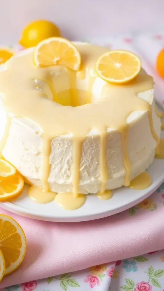 A fluffy lemon chiffon cake topped with citrus glaze and lemon slices, placed on a white plate with floral napkins.