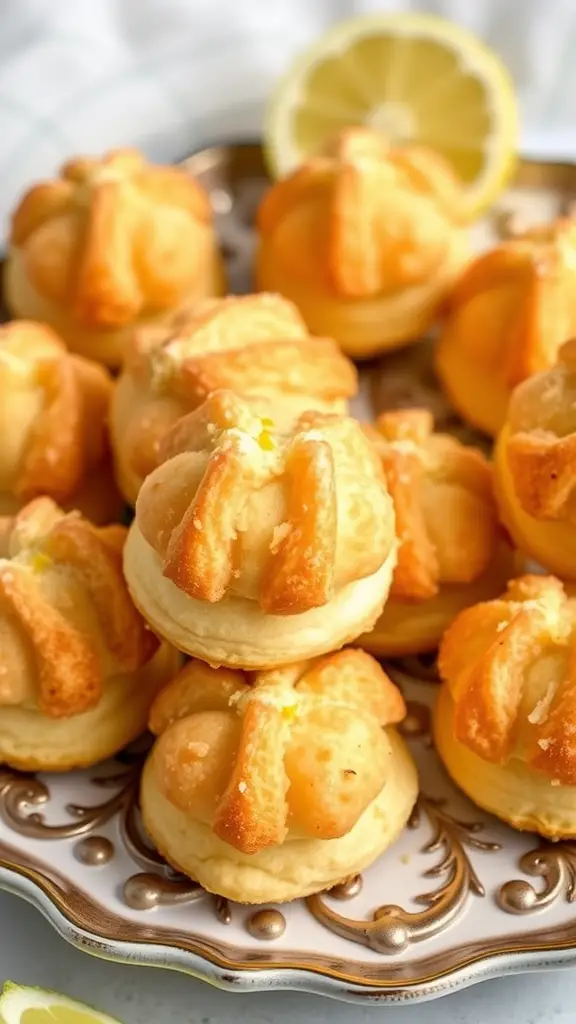 A plate of lemon coconut macaroons with a lemon slice