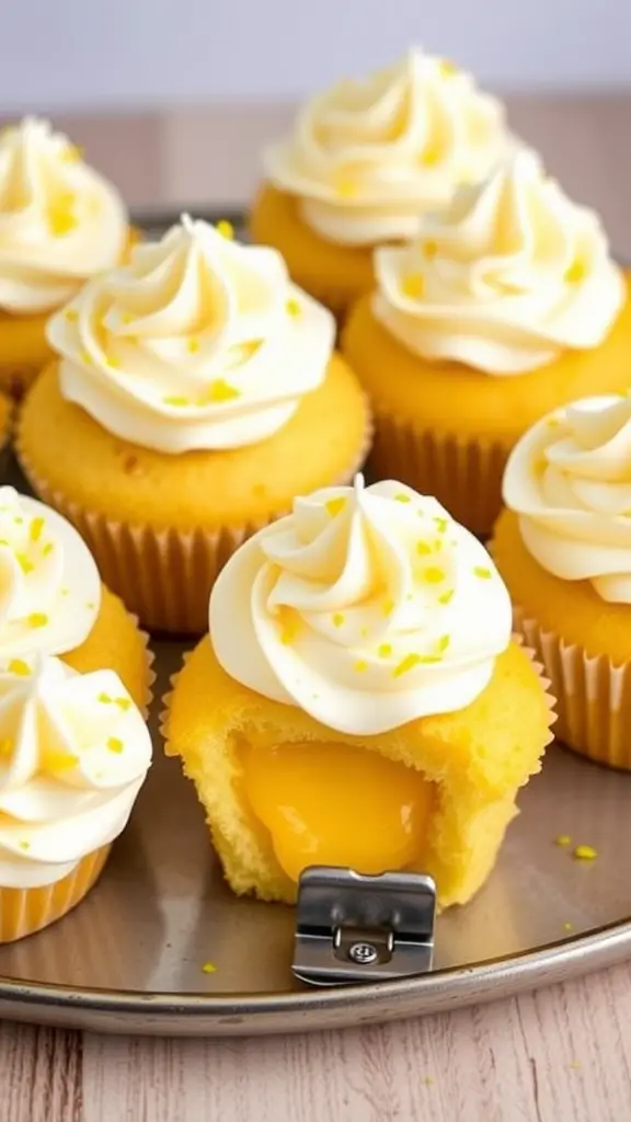 Cupcakes with lemon curd filling and white frosting, topped with yellow sprinkles.