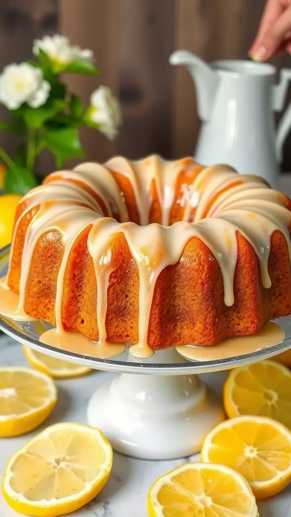 A beautifully decorated lemon drizzle cake with icing, surrounded by lemon slices.