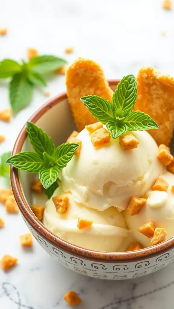 Bowl of lemon gelato topped with biscotti crumble and mint leaves.