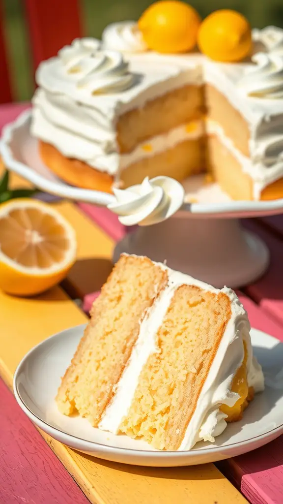 A slice of Lemon Icebox Cake on a plate with the whole cake in the background, decorated with whipped cream and lemons.