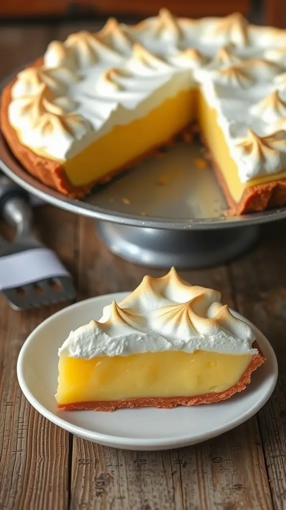 A slice of lemon meringue pie on a plate, showcasing a creamy lemon filling and golden peaks of meringue.