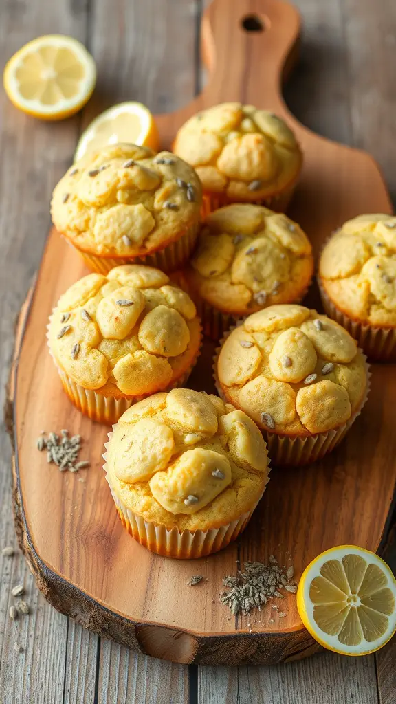 A wooden board with lemon poppy seed muffins and lemon slices