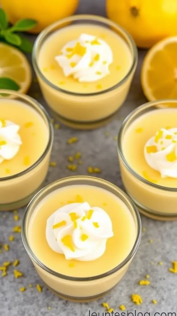 Lemon pudding cups topped with whipped cream and lemon zest.