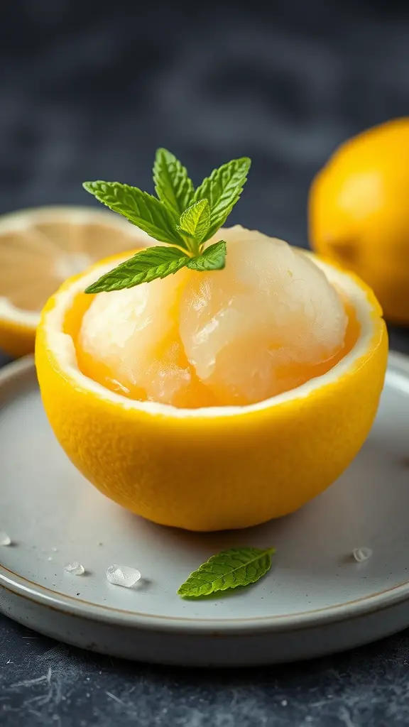 A bowl made from a lemon filled with lemon sorbet and garnished with mint leaves.
