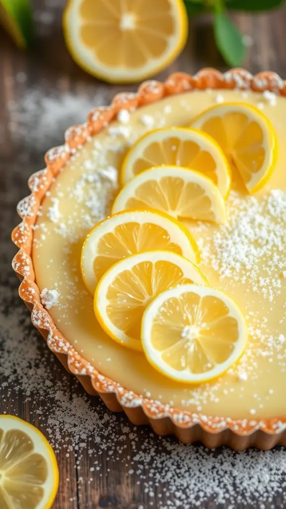 A lemon tart with a crisp crust, topped with fresh lemon slices and powdered sugar.