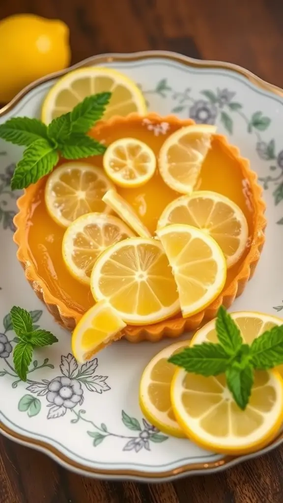 A lemon tart with a shortbread crust, topped with lemon slices and mint leaves, served on a decorative plate.