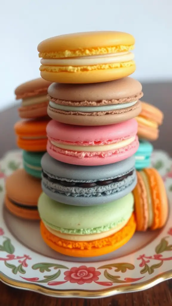 A colorful assortment of macarons stacked on a decorative plate.