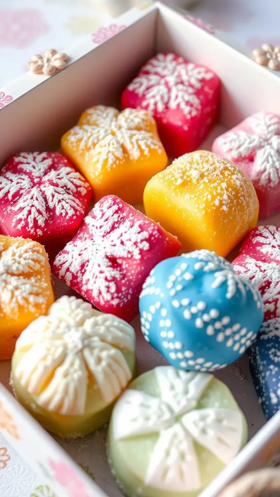 A box of colorful Turkish delight, featuring various shaped pieces in vibrant colors.
