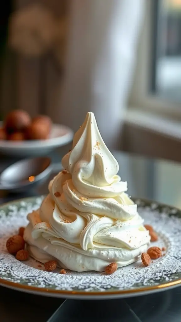 A luxurious Mont Blanc dessert topped with meringue and almonds.