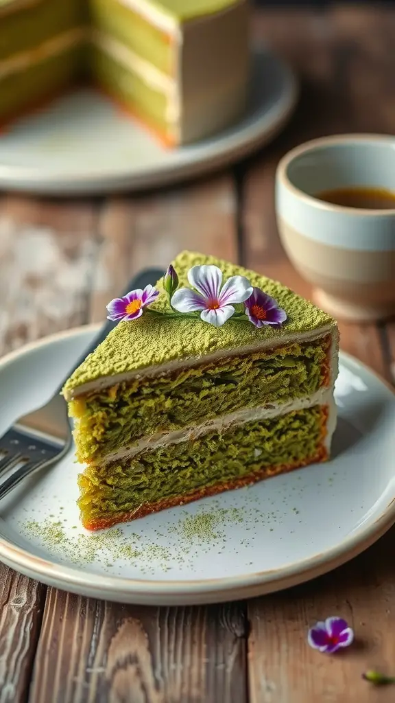 A slice of matcha green tea cake with decorative flowers on top, served on a plate beside a cup.