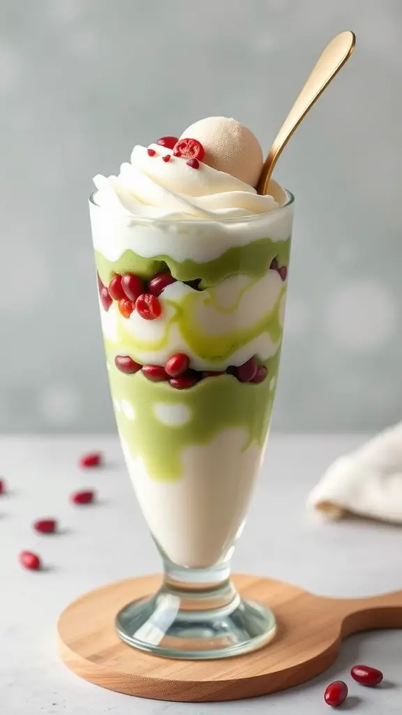 A matcha parfait in a glass cup, layered with green matcha, cream, and red bean toppings.