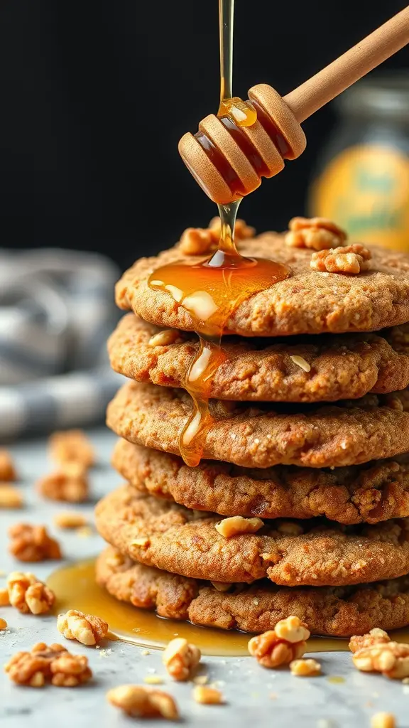 A stack of melomakarona cookies drizzled with honey and sprinkled with walnuts.