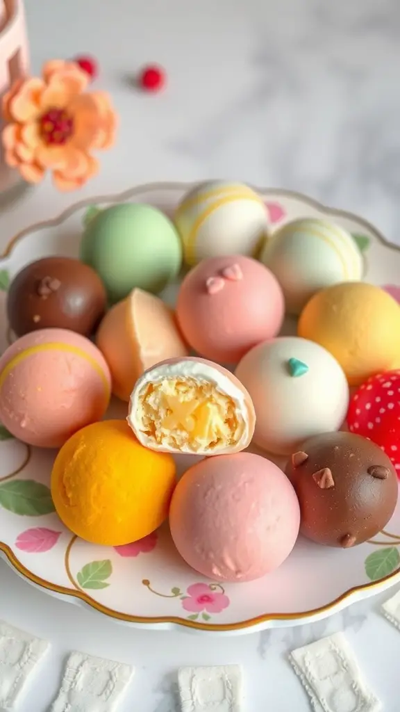 A plate of colorful mochi ice cream balls, showcasing different flavors and a partially cut mochi revealing its filling.