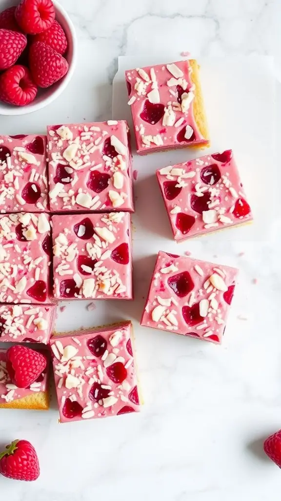 No-bake raspberry coconut bars displayed on a marble surface with fresh raspberries.
