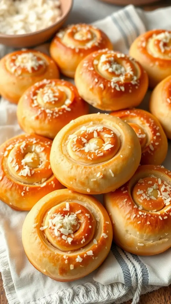 Freshly baked coconut bread rolls with grated coconut on top