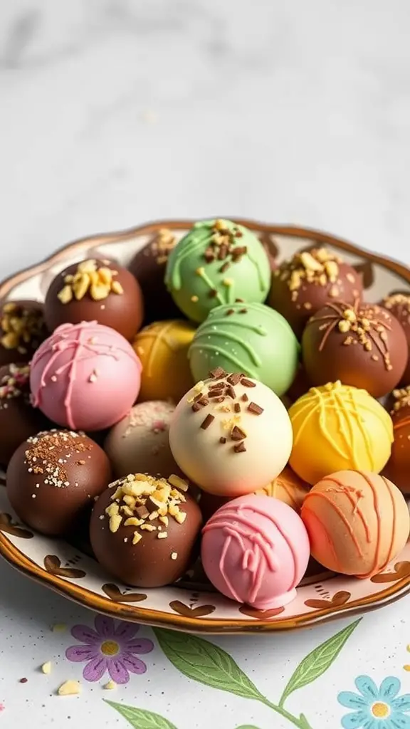 A colorful assortment of peanut butter chocolate fat bombs on a decorative plate.