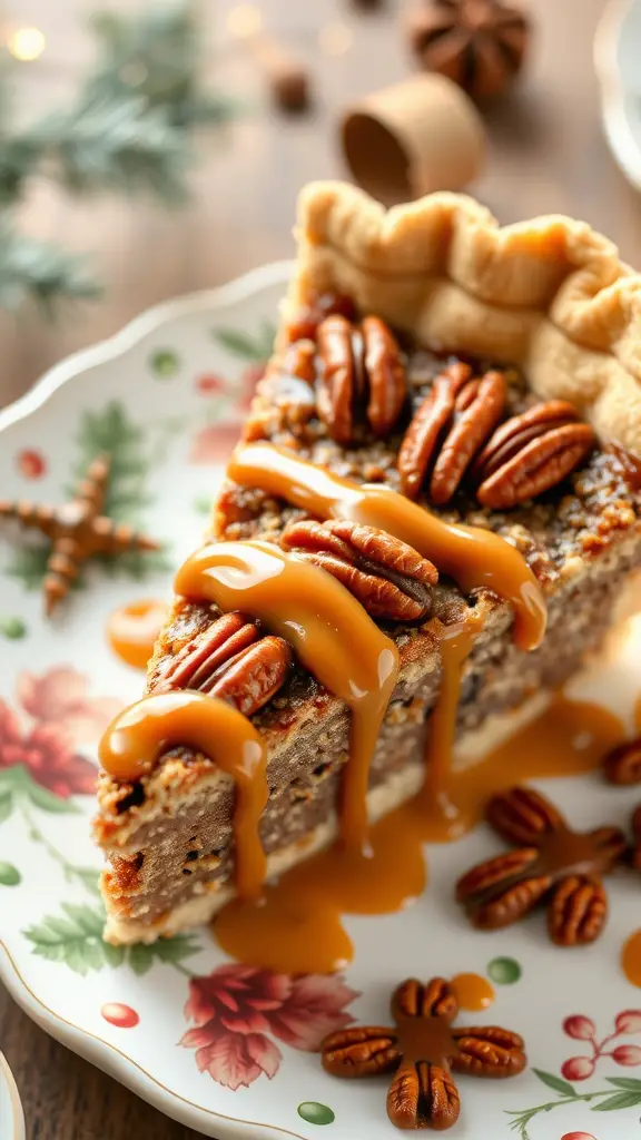 A slice of pecan pie topped with caramel and pecans on a decorative plate.