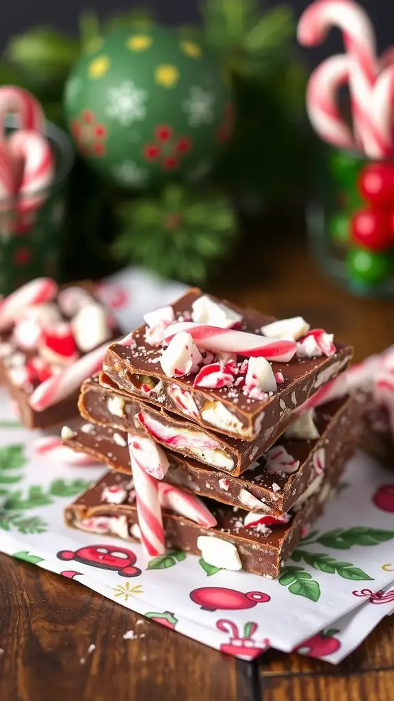 A stack of peppermint bark with crushed candy canes on top, surrounded by holiday decorations.