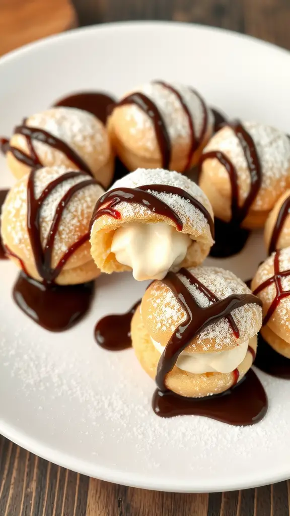 Plate of profiteroles filled with cream and drizzled with chocolate sauce
