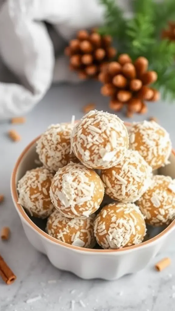 A bowl of pumpkin spice energy bites covered in coconut flakes.