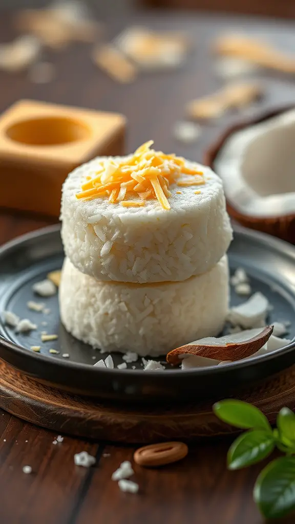 Two steamed rice cakes topped with cheese on a black plate, surrounded by coconut and wood elements.