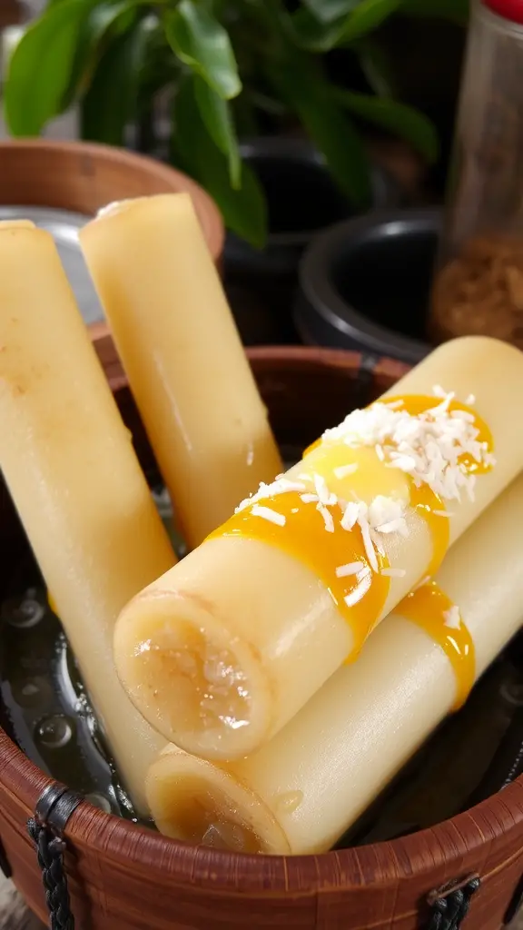 Three puto bumbong rice cakes in a bamboo steamer, topped with coconut and a yellow syrup.