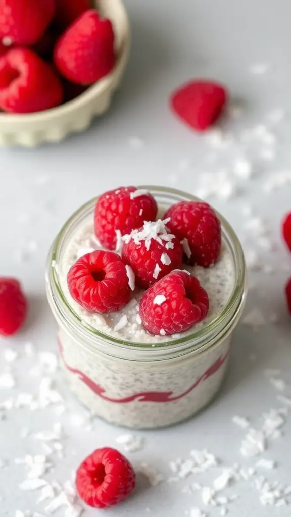 A glass jar filled with raspberry coconut chia pudding, topped with fresh raspberries and coconut flakes, with raspberries in the background.