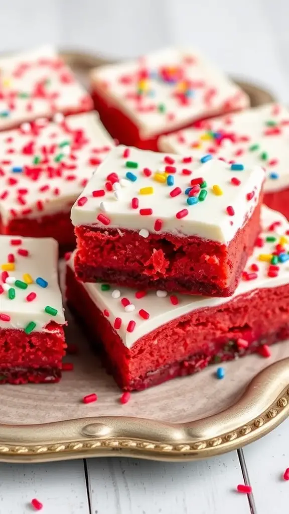 A close-up of red velvet cheesecake bars topped with white icing and colorful sprinkles.