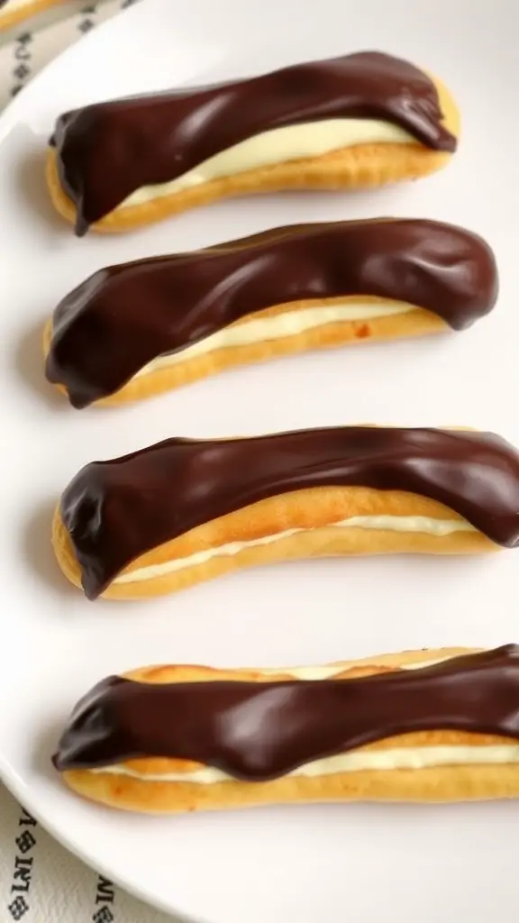 Plate of rich éclairs topped with chocolate glaze