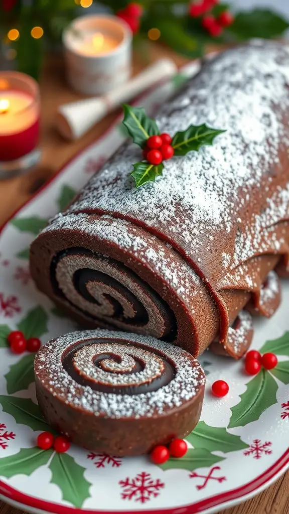A rich chocolate yule log decorated with powdered sugar and holly leaves on a festive plate.