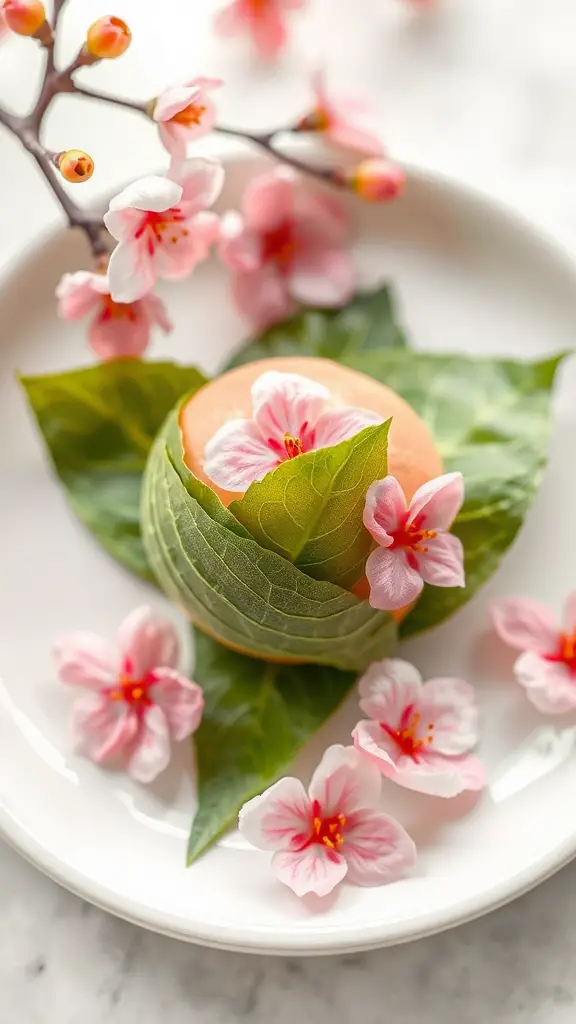 Sakura mochi wrapped in cherry blossom leaves with flowers around it
