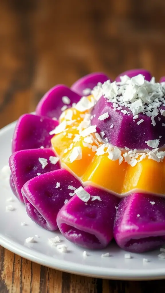 A vibrant layered rice cake with purple and yellow layers topped with shredded coconut.