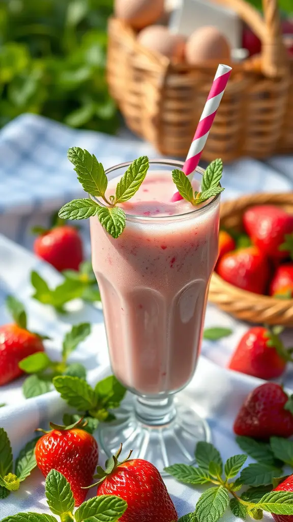 A delicious strawberry milkshake garnished with fresh mint leaves, surrounded by strawberries and a basket.