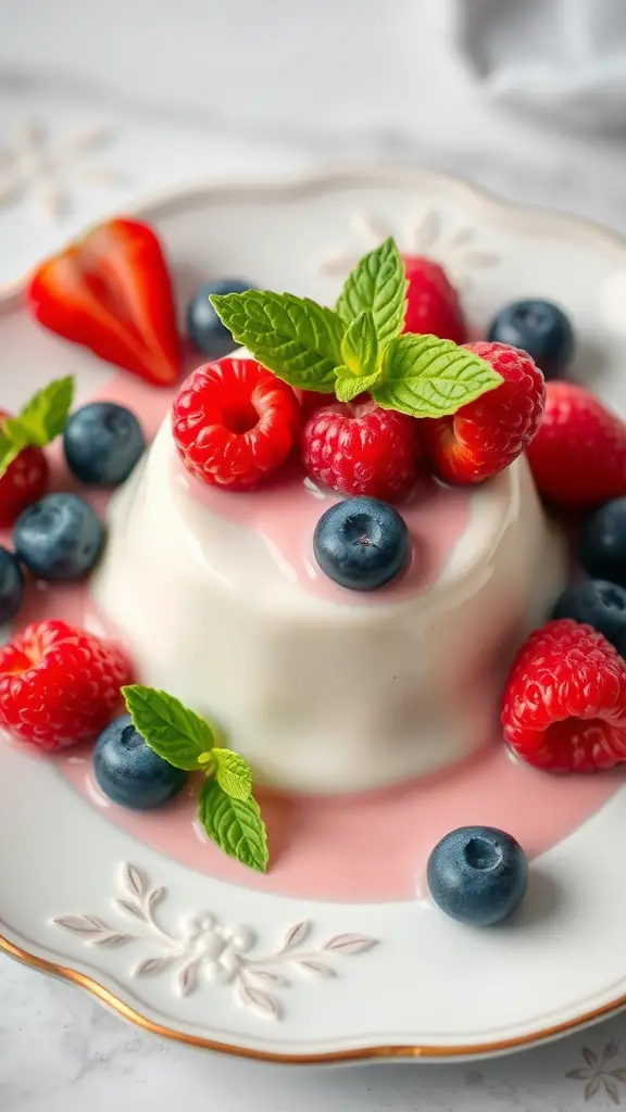 A beautifully presented panna cotta topped with raspberries, blueberries, and fresh mint.