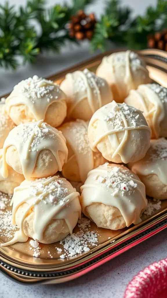A close-up of snowy coconut macaroons drizzled with white chocolate and sprinkled with powdered sugar on a decorative platter.