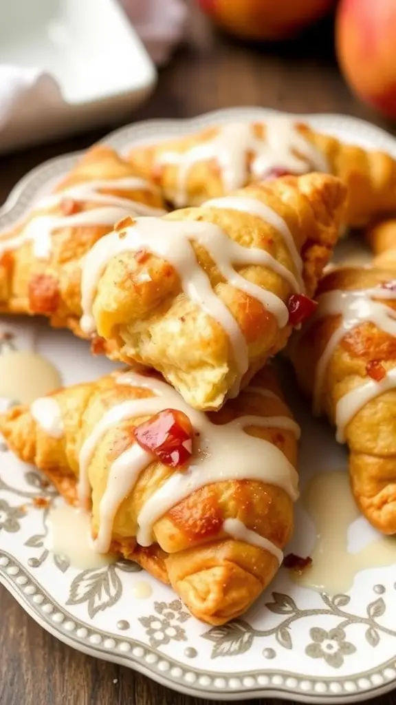 A plate of spiced apple turnovers drizzled with vanilla glaze, with apples in the background.