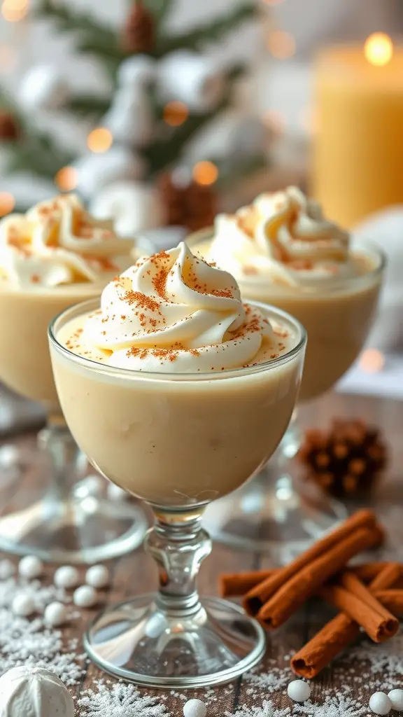 Three glasses of spiced eggnog pudding topped with whipped cream and nutmeg, surrounded by cinnamon sticks and holiday decorations.