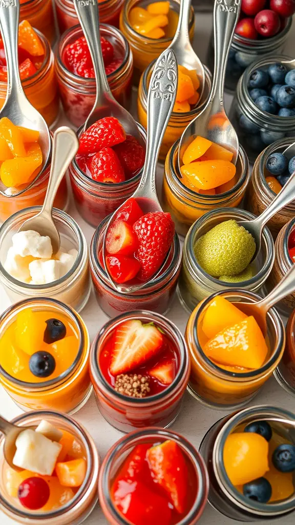 An array of spoon sweets in small jars, featuring various preserved fruits like strawberries, blueberries, and peaches.