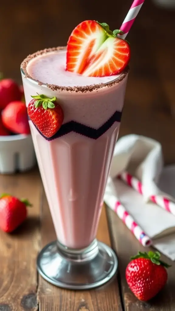 A delicious strawberry milkshake topped with fresh strawberries and a cookie crust.
