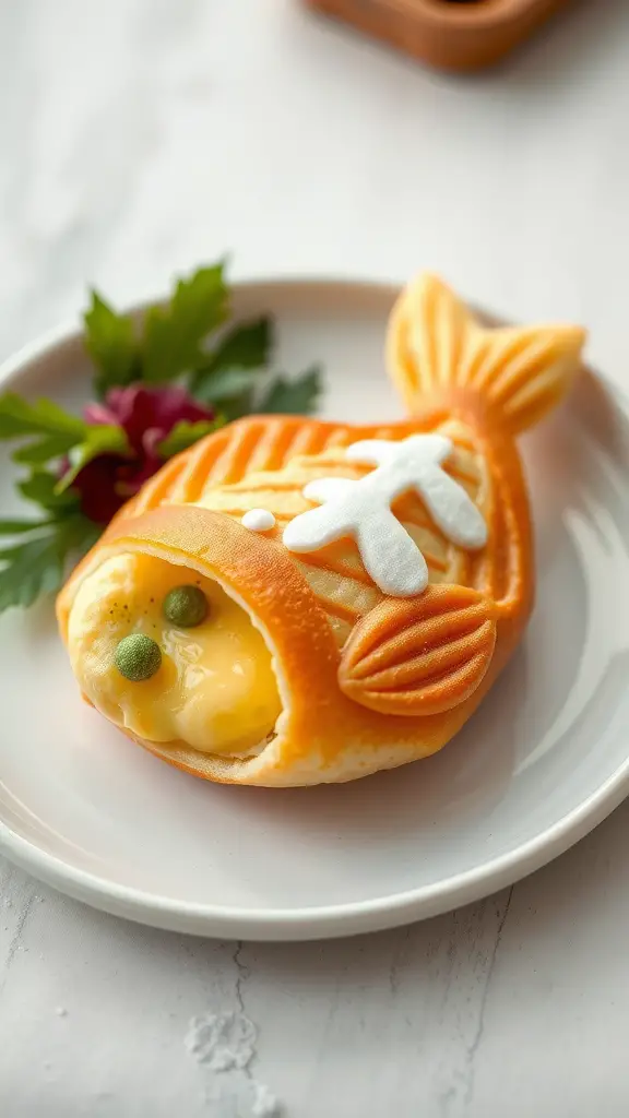 A taiyaki pancake shaped like a fish, filled with custard and garnished with a leafy green.