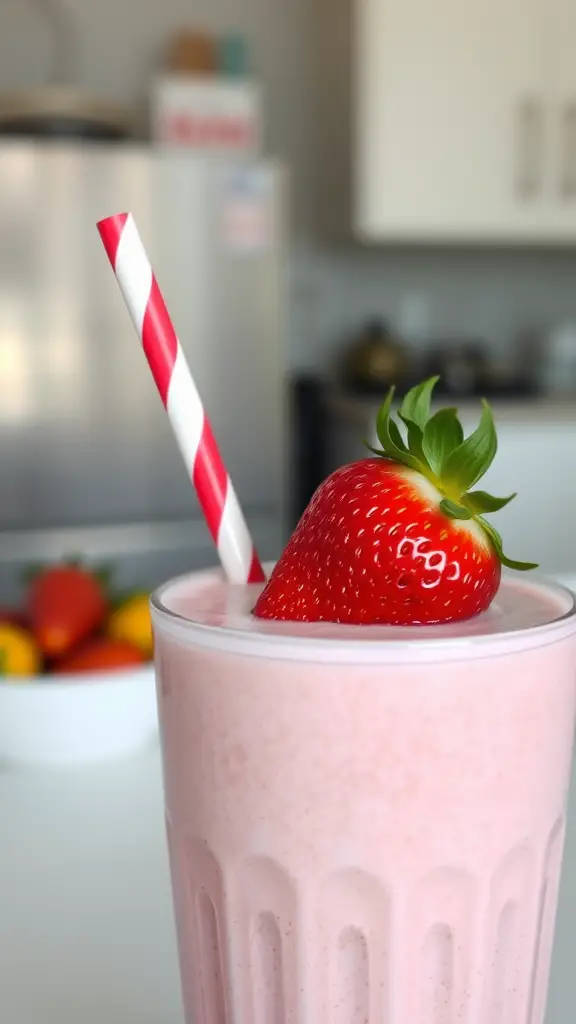 A delicious strawberry milkshake topped with a fresh strawberry and a striped straw.